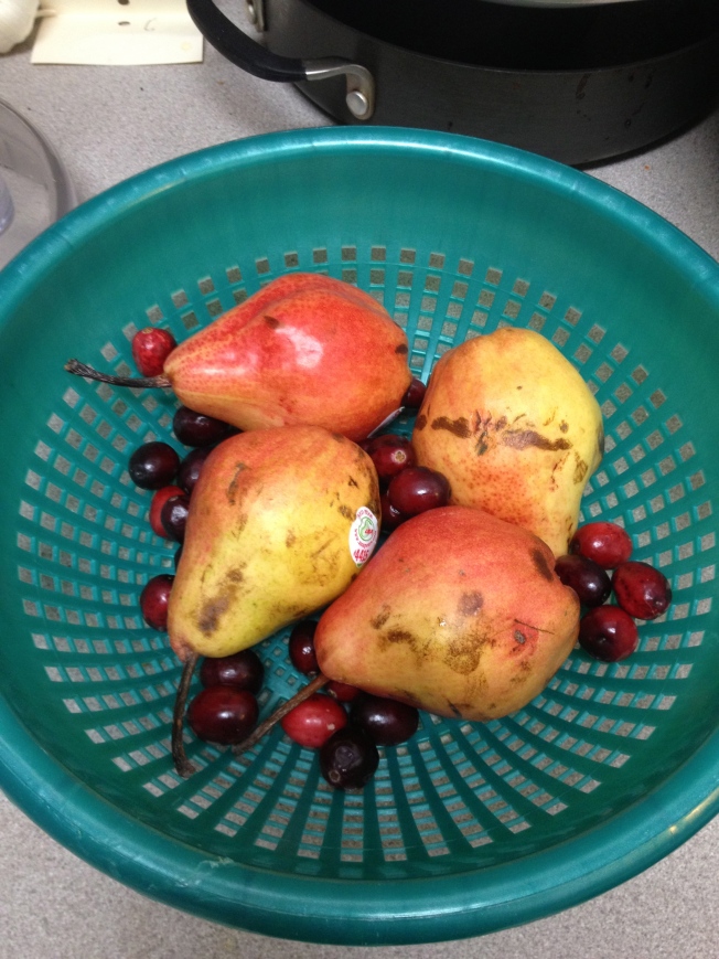 Leftover pears and cranberries from my Bountiful Baskets share this week.